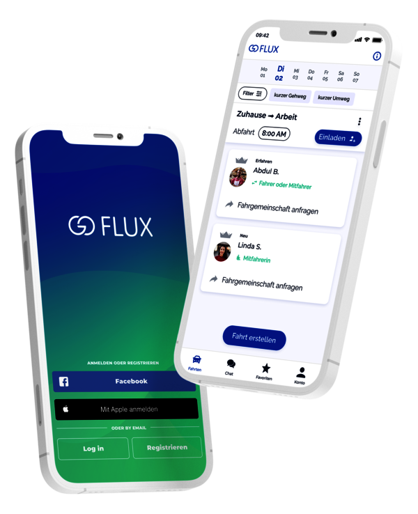 Bild, auf dem zwei Smartphones zu sehen sind. Das eine zeigt die Anmeldeseite der goFLUX App mit dem Logo, den Knopfen "Facebook", "mit Apple anmelden", Log in" und "Registrieren" auf einem blau-grünen Hintergrund. Das andere zeigt ein App-Interface mit dem Text "Zuhause (Pfeil) Arbeit" und den Profilen von zwei Mitgliedern, Abdul B. und Linda S.